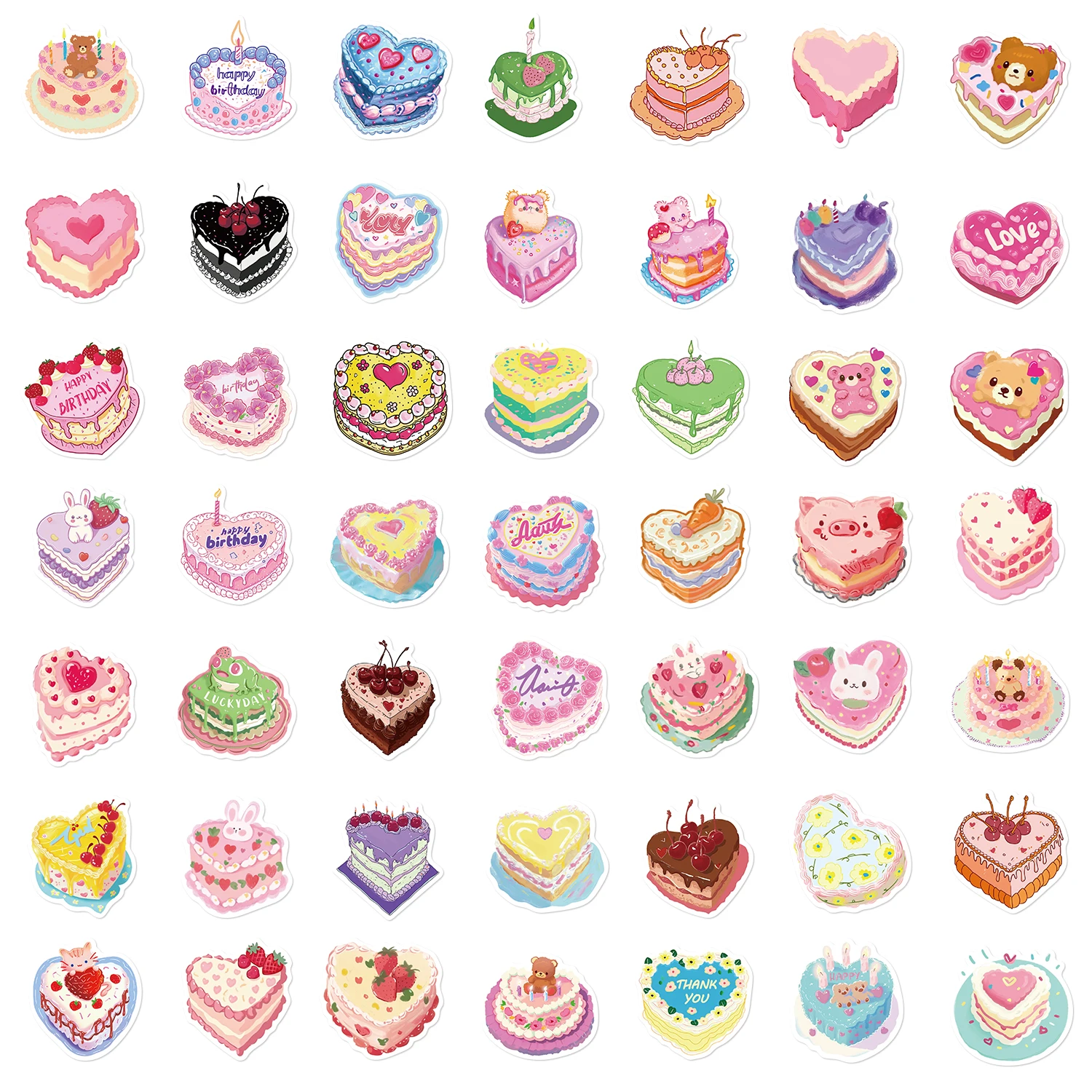 50PCS Kawaii Heart Shaped Birthday Cake Stickers Cute Decals Decoration DIY Skateboard Scrapbook Laptop Fridge Car Kids Toy 