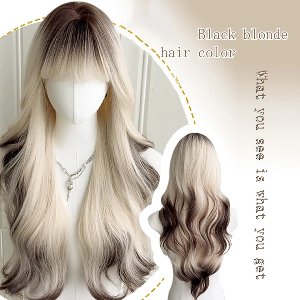 BEAUTYCODE Synthesis New Wig Female Long Hair Universal Black and White Gradient Wig Wavy curls Full Head Cover Wigs with Bangs