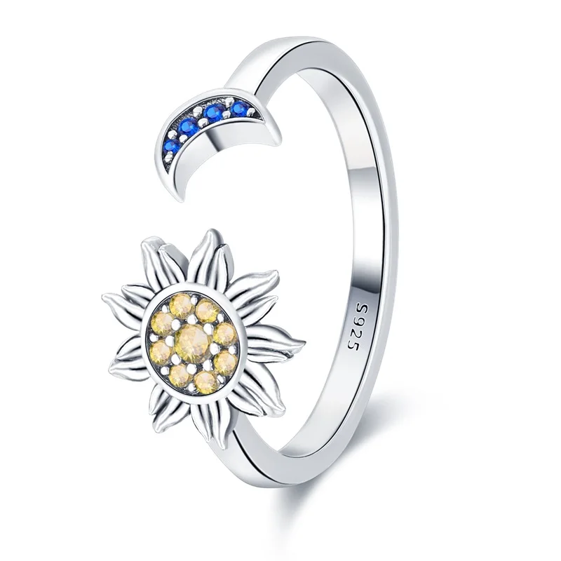 Rings Original 925 Sterling Silver Sunflower And Moon Open Zircon Rings For Women Girls Jewelry Birthday Anniversary Gifts
