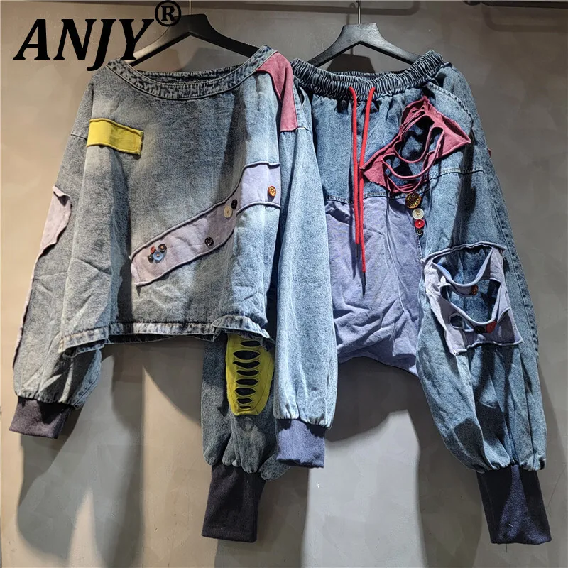 

ANJY Autumn New Women Trendy Jeans Drawstring Contrast Color Ripped Denim Baggy Pants O-neck Pullover Streetwear Ins Tops A10171