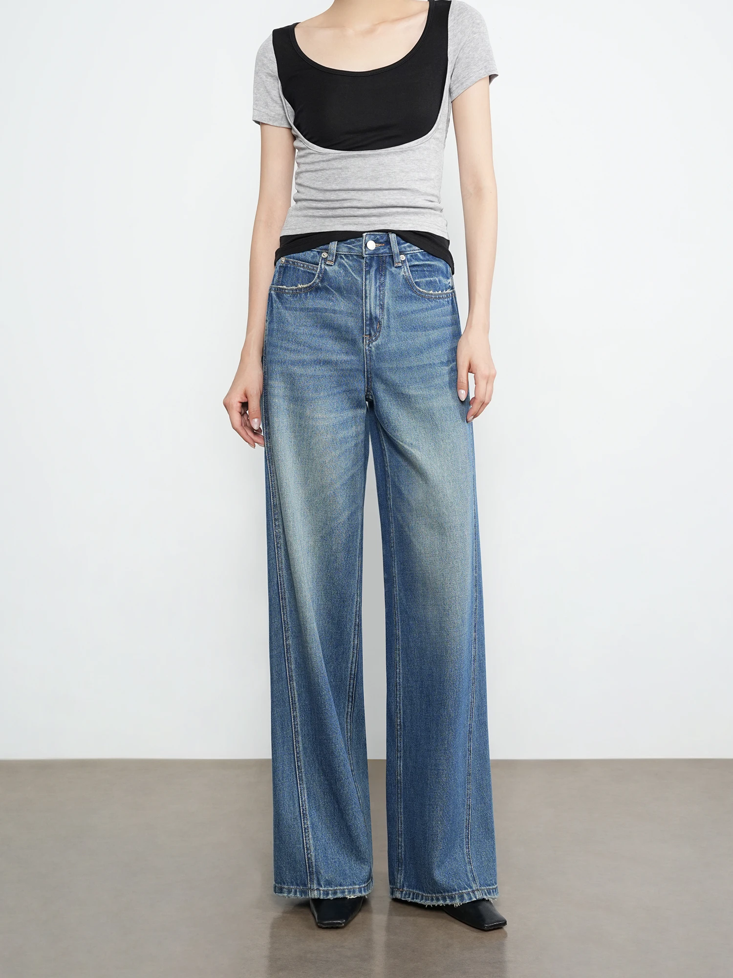 

Retro FOCUS PLAN Wide Leg Floor-Length Jeans Women Loose Slimming High Waist Drapey Wide Leg Pants Cotton Lyocell Blend