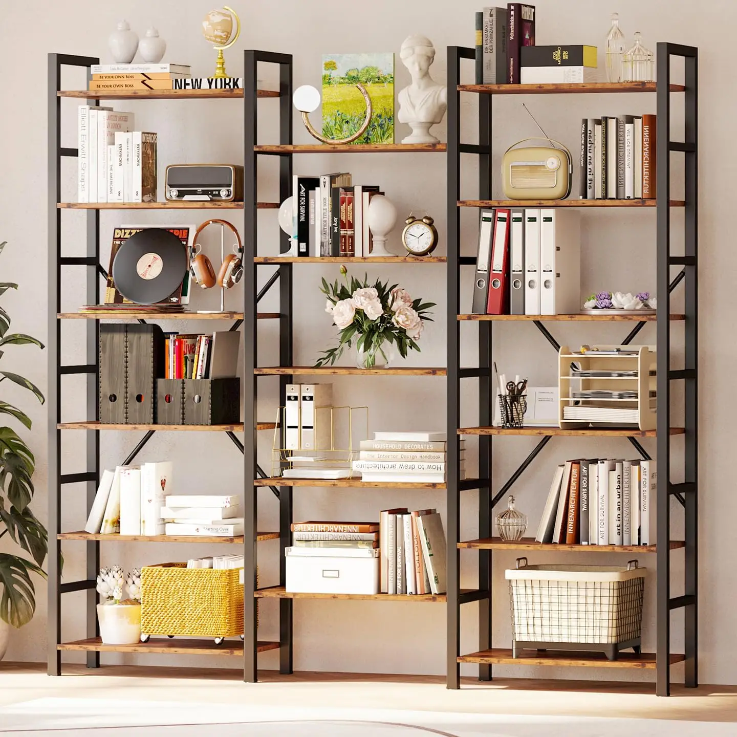 Bookshelves 6 Tiers Triple Wide Industrial Bookshelf, Large Etagere Bookshelf Open Display Shelves with Metal Frame for Home