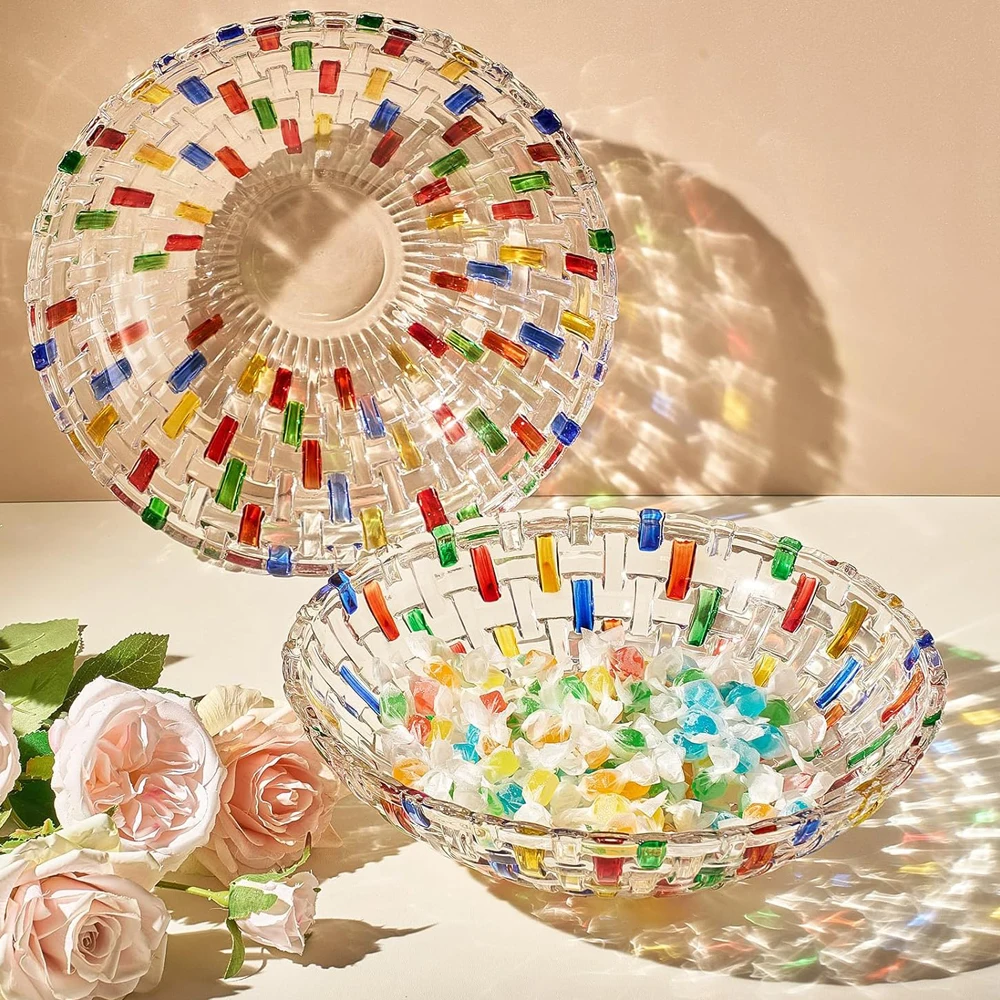 

Красочные хрустальные стеклянные вазы для фруктов, 10-дюймовая расписная вручную плетеная художественная стеклянная чаша, декоративная большая тарелка для подачи салатов, десертов и тортов