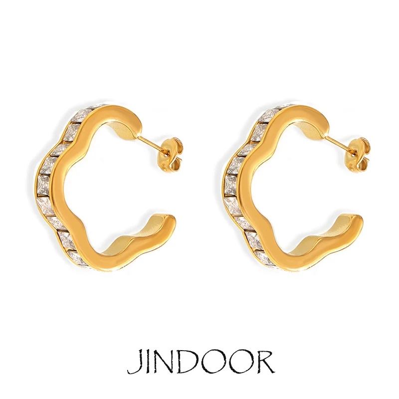 JINDOOR Titanium Steel Plated 18k Gold Trend Set Zirconia Curved Medium Hoops, Women's Earrings