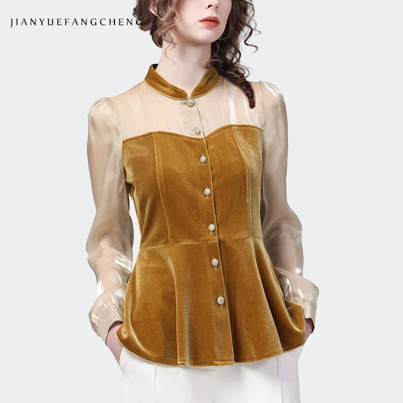 

Vintage Splices Design Women Brown-yellow Velour Shirt 2023 Spring New Ladies Casual Top Long Sleeve Cinch Waist Satin Blouses