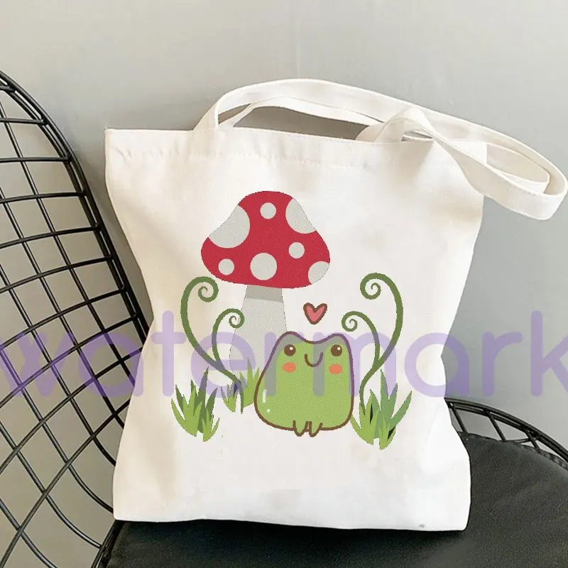 Harajuku Cottagecore Toadstool Magic Frog Tote Bag Mushroom Tote Bag Shopping Gift Kawaii Cute Cotton Tote Shopper Canvas Totes