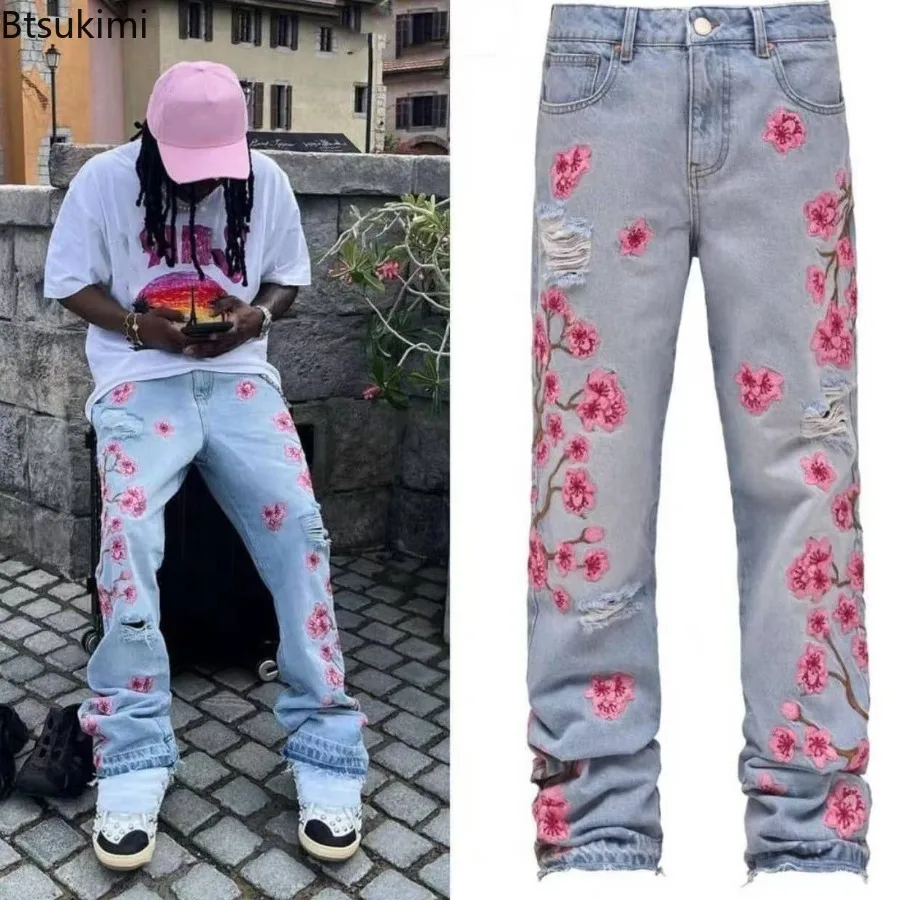 

New Men's Jeans Fashion Floral Embroidery Casual Straight Pants Men Button Pocket Denim Trousers Streetwear Vintage Ripped Jeans