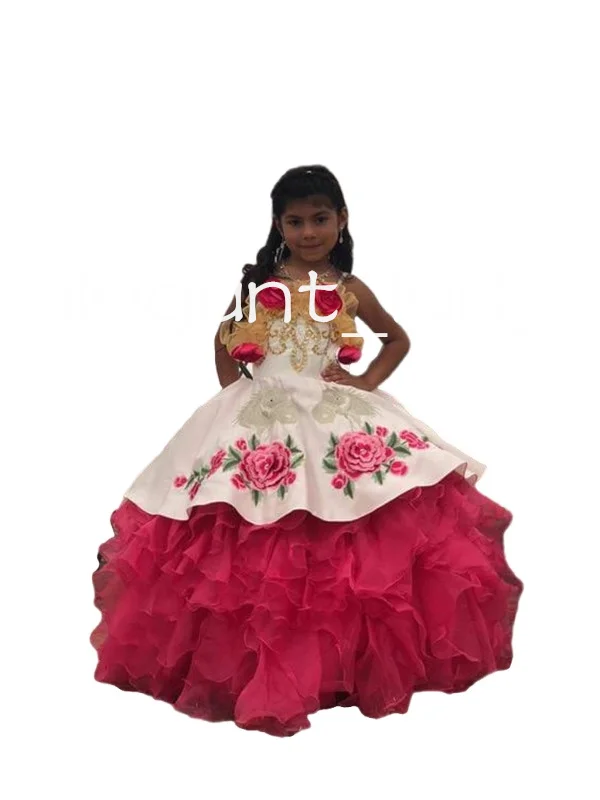 White Fuchsia Embroiderty Little Pricess Mini Quinceanera Dresses 2023 Floral Off Shoulder Infant Flower Girls Dress