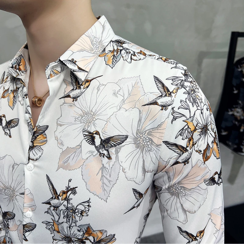 2022 Floral Print Shirts Men Long Sleeve Slim Casual Shirt High Quality Business Formal Dress Shirts Social Party Tuxedo Blouse