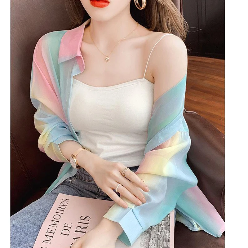 Summer Colorful Shiny Sunscreen Clothing Chiffon Shirt Patchwork Casual Tops Popular Blouse Thin Jacket Trend Loose Street Party