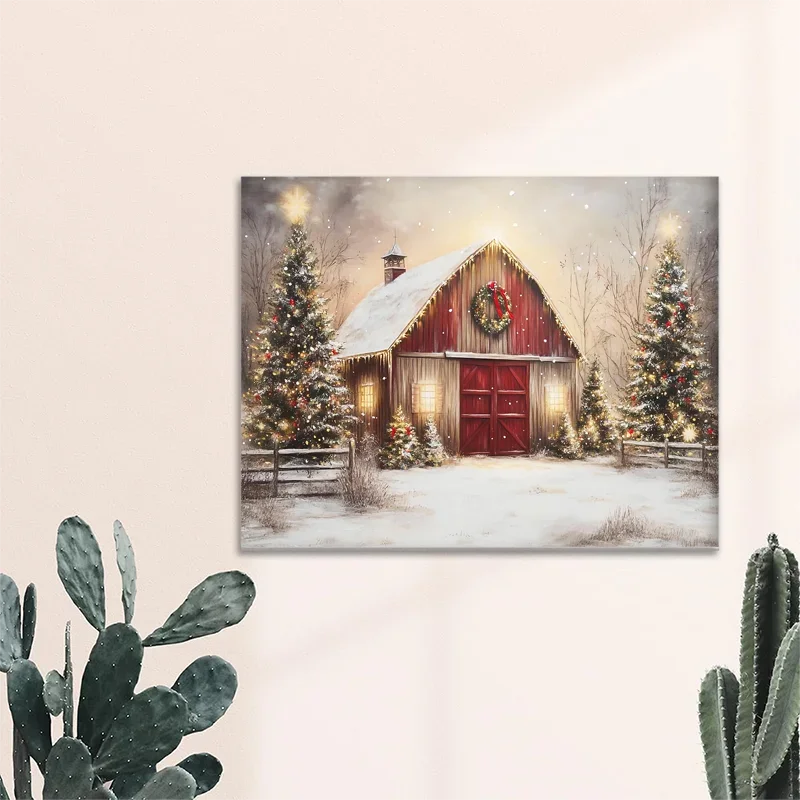 1PC Charmante Rode Schuur Kerst Canvas Schilderij Houten Frame Winter Feestelijke Gedenkteken Wanddecoratie voor Woonkamer