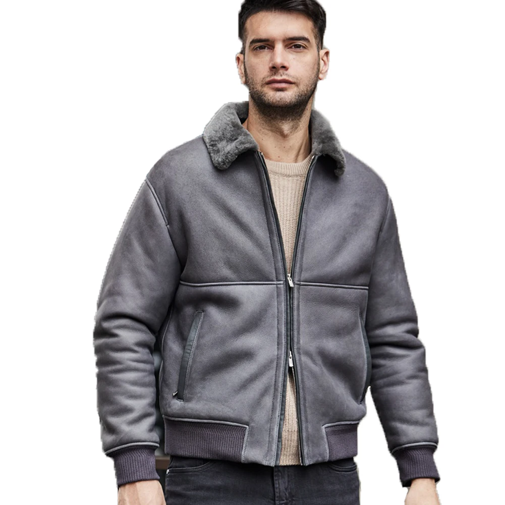 Denny&Dora Mens Short Shearling Jacket Casual Coat Grey Leather Jacket Lapel Collar Sheepskin Coat