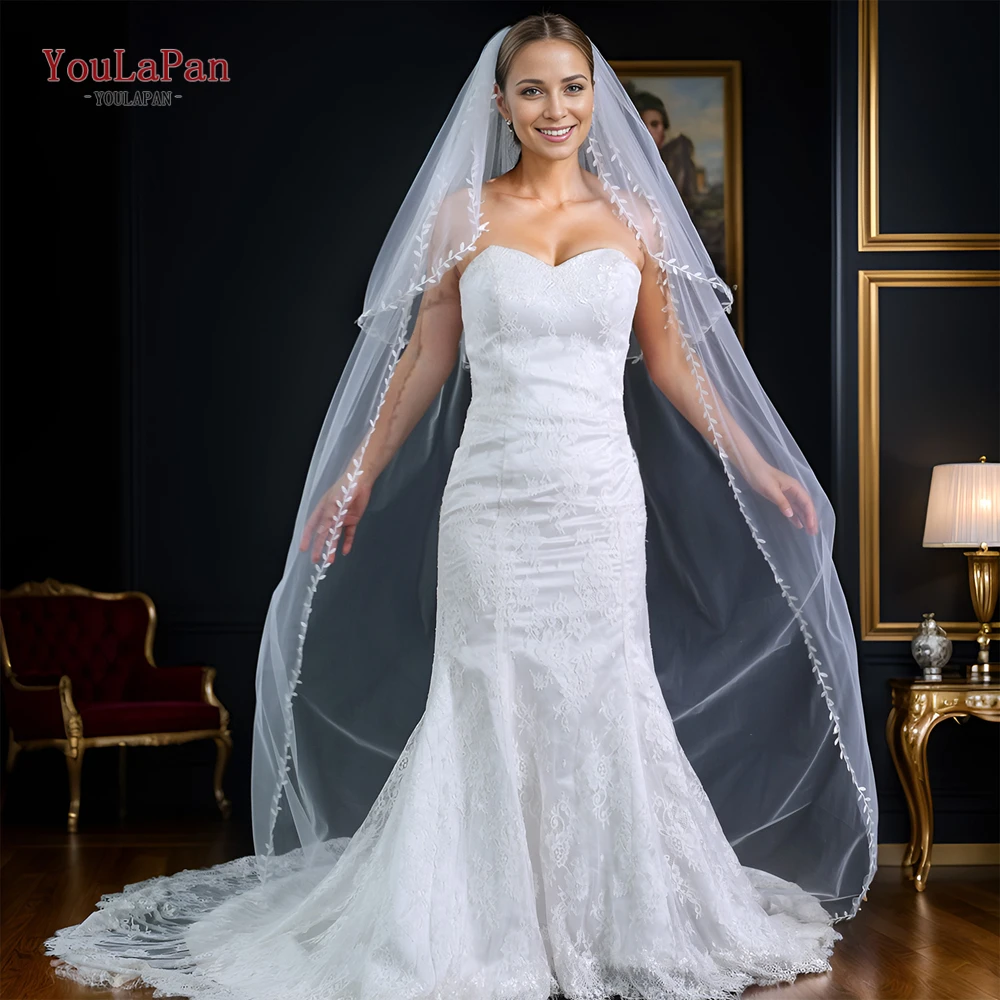 YouLaPan V141 2 Tiers Bridal Veil Elegant Wedding Veil with Blusher French Alencon Lace Cover Front and Back Oval White Bride