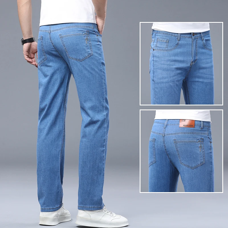 Picture 4: Ice Silk Thin Denim Jeans for Men Blue Straight Stretch Cotton Pants Business Casual Lightweight Trousers Spring Summer Workwear