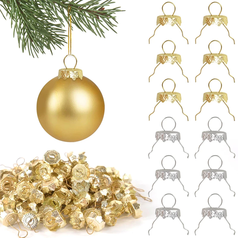 50/100pcs Round Christmas Balls Caps Xmas Ball Hanging Ornaments Gold Removable Metal Hangers Cap Christmas Tree Pendants Decor