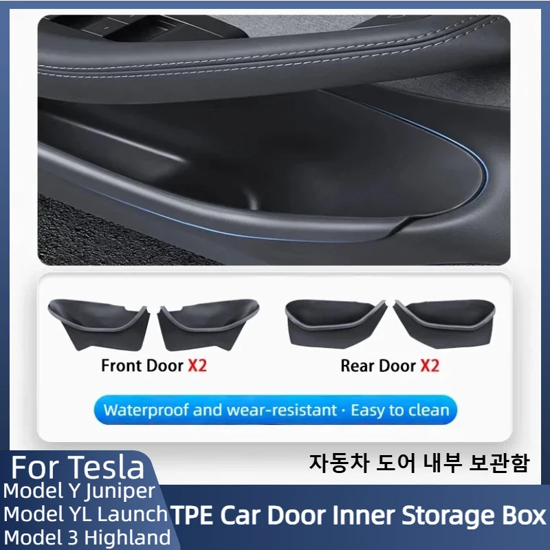 

For Tesla New Model YL/Y/3 2024-2026 TPE Door Side Storage Box Front Rear Door Slot Organizer Tray Protector Door Storage Box