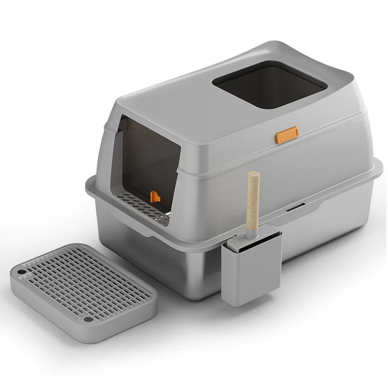 

Super Large Fully Enclosed Stainless Steel Cat Litter Box Splash-Proof Plastic Cat Toilet with Top-in Technology