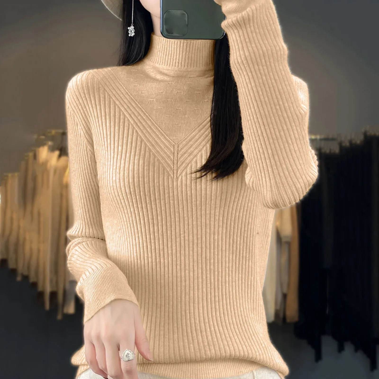 Autumn and Winter Women's Pullover Half High Neck Long Sleeve Solid Color Slim Fashion Casual Knit Bottom Tops Winter Clothing