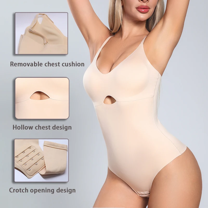 Nahtlose Damen Shape wear einteiliger fester Body verstellbarer Schulter gurt 4-reihiger 3-Knopf-Schritt