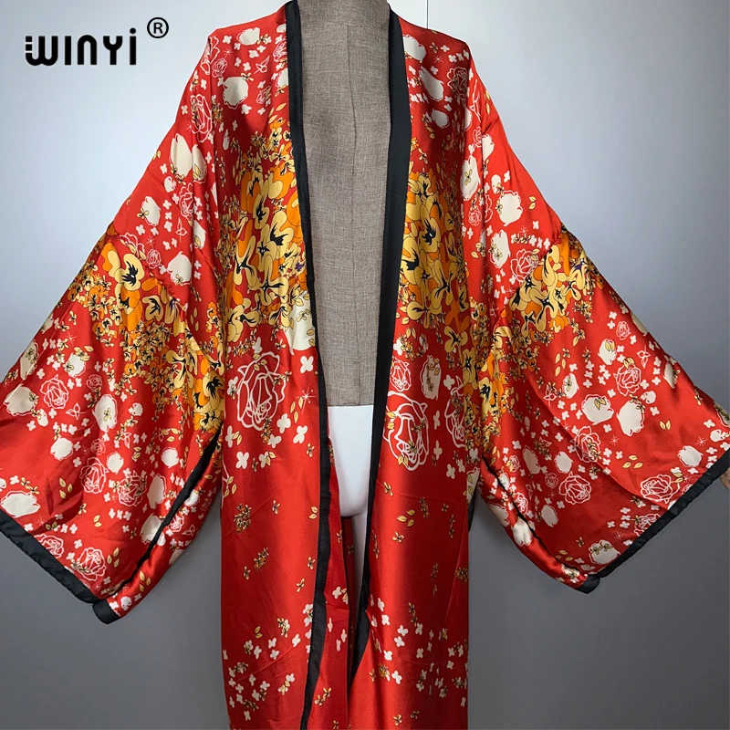 WINYI print boho kimono maxi beach wear cover up holidayparty dress abaya dubai luxury muslim woman fashion open front kaftan