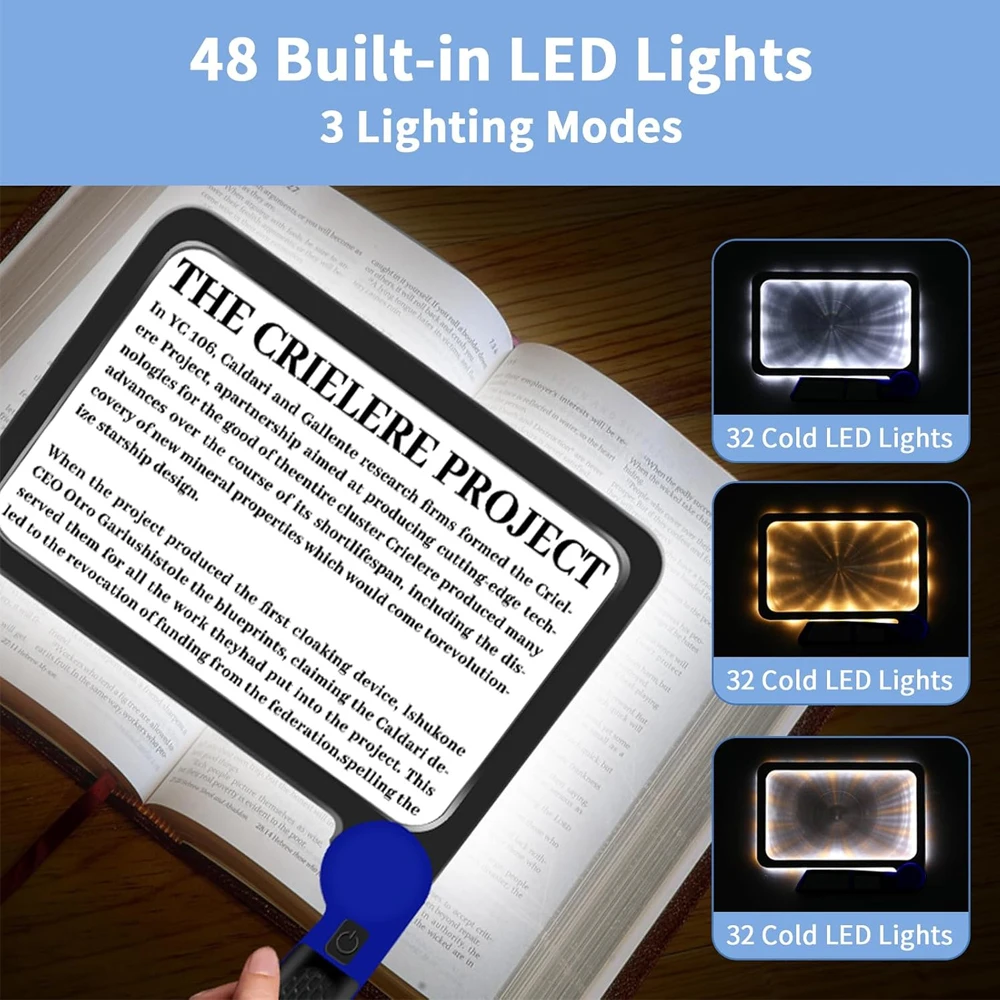 5-кратная лупа с легкой полноценной лупой для чтения, большая лупа с подсветкой и 48 светодиодами, антибликовая линза