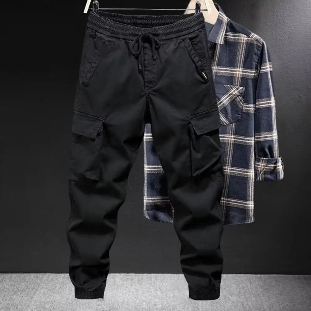 Men Cargo Pants Drawstring Multi Pocket Harajuku Pants Streetwear Hip Hop Pants Elastic Waist Harem Ankle length Long Trousers