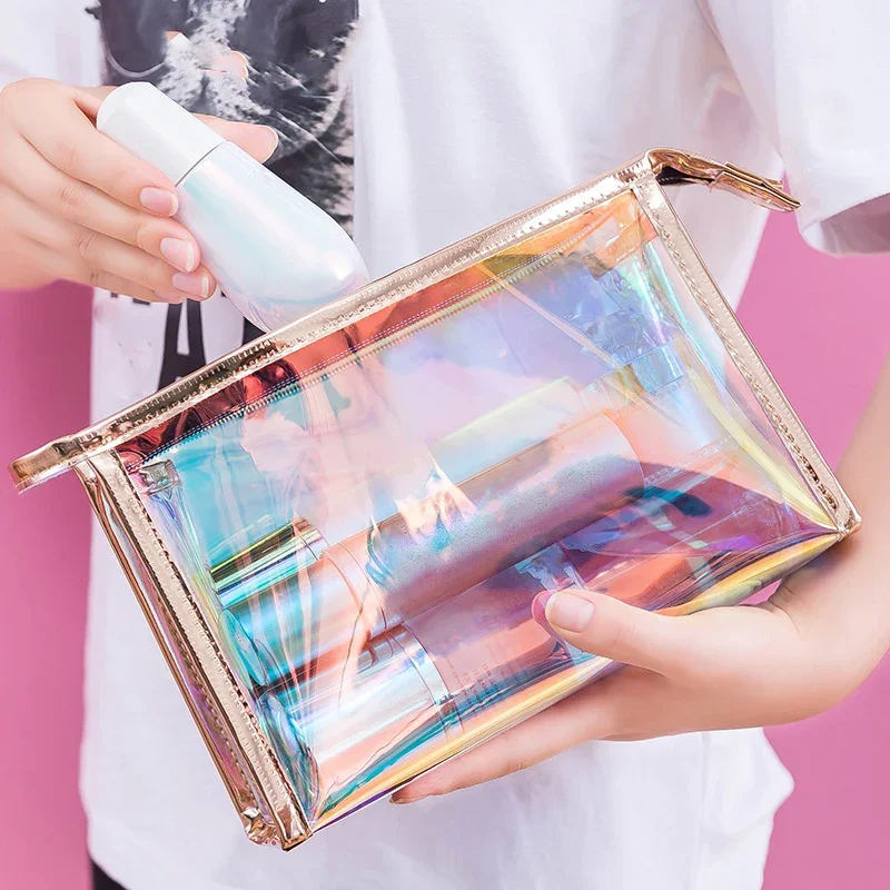 PVC Clear Makeup Toiletry Bag Zipper Wash Storage Bag Laser Deisgn Cosmetic Bag Travel Organizer Women Waterproof Jelly Bag