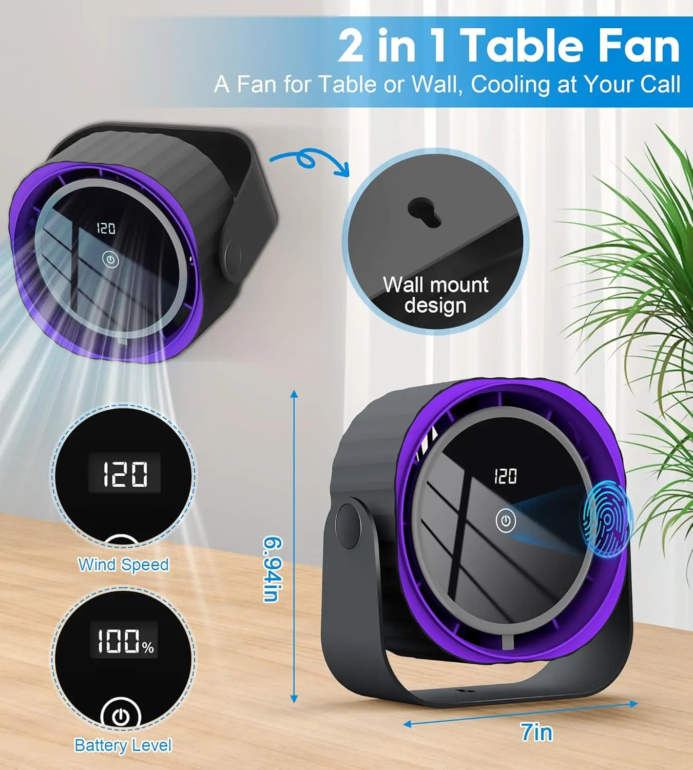 

Настольный вентилятор Сильный ветер Ультра тихий портативный перезаряжаемый USB-вентилятор 360° ° Регулируемый наклонный 120-скоростной настольный вентилятор с интеллектуальным дисплеем