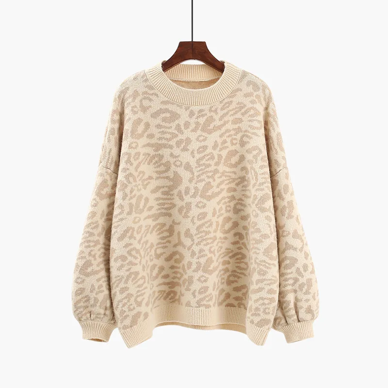 Warm Leopard Knitted Sweater Women Casual Autumn Winter Pullover Long Sleeve Loose Ladies Tops