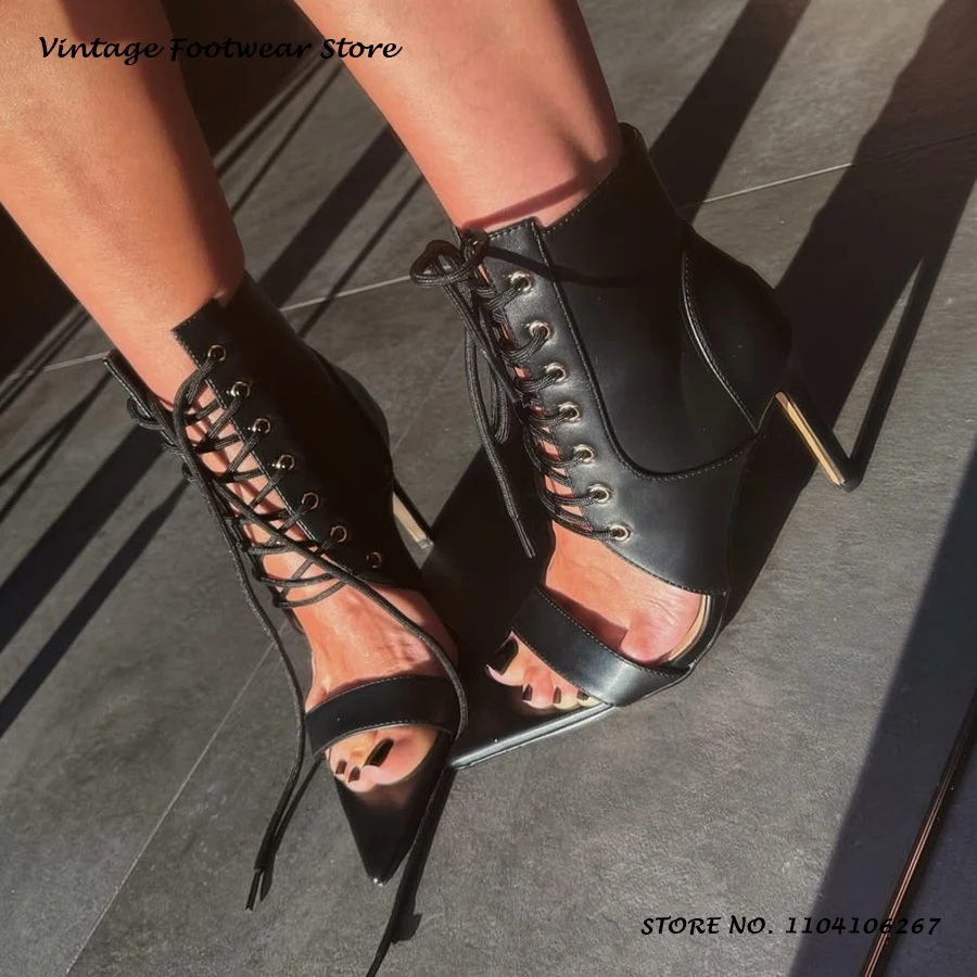 Black Cross-tied Sandals Sexy Pointed Open Toe Thin Heels Plus Size Shoes Women's Spring Summer Fashion Lace-up Stilettos image 2
