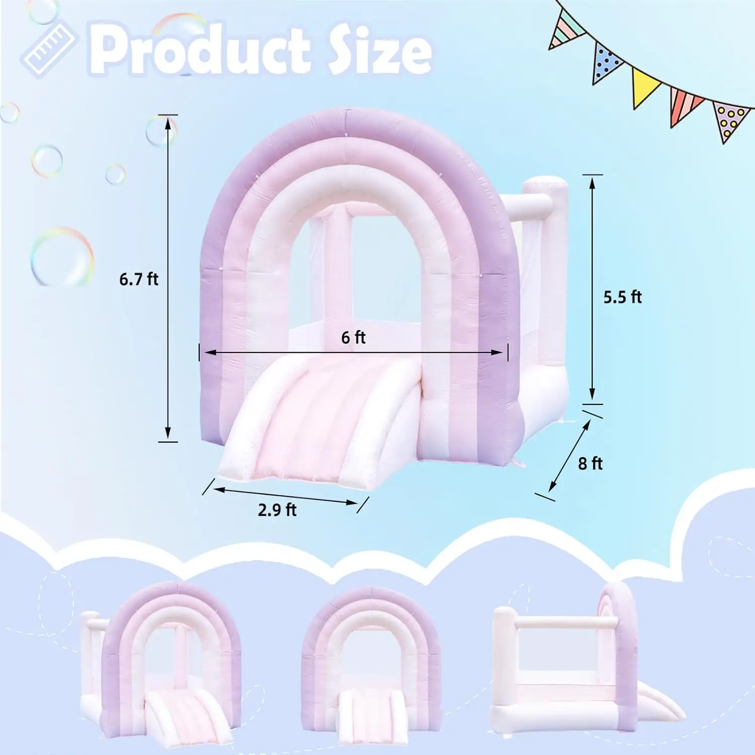 Casa de rebote mágica de arcoíris, casa de rebote para niños con tobogán, casa hinchable rosa para interiores y exteriores, soplador incluido, 8 pies de largo x 6 pies de ancho x 6 pies de ancho