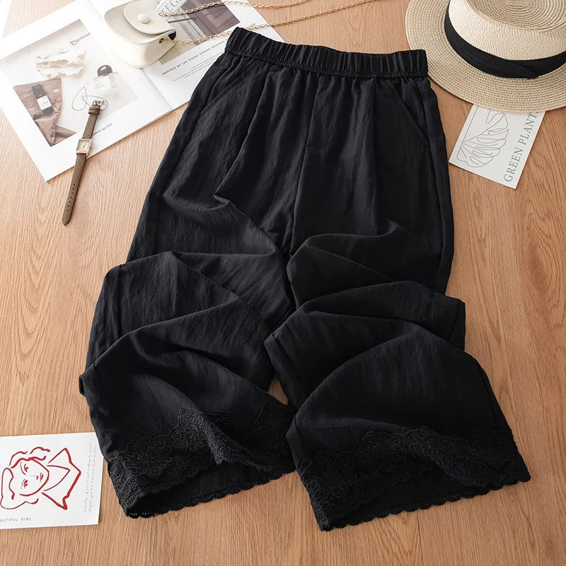 سراويل كتان نسائية صيفية عالية الخصر من الدانتيل مريحة مرقعة كاجوال تسع نقاط مستقيمة
