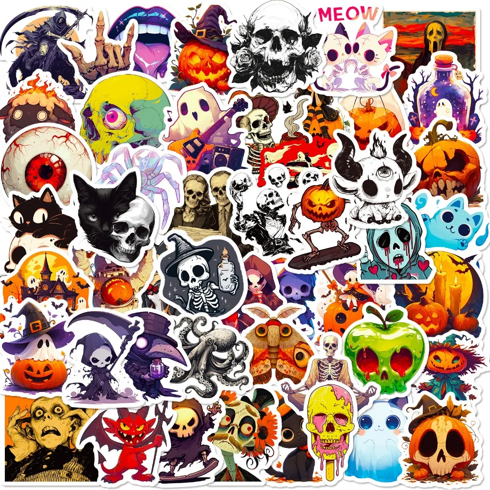 50pcs Halloween Stickers Skeleton Pumpkin Witch Reaper Cartoon Graffiti Stickers DIY Laptops Water Bottles Decorative Stickers