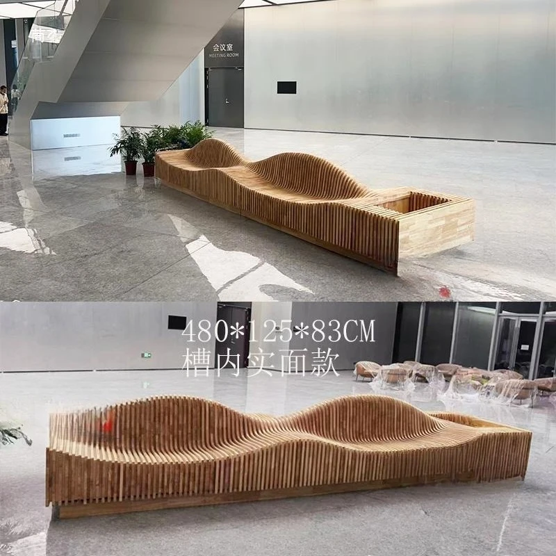 

Скамейка из FRP-древесины нестандартной формы для торговых центров, школ, отелей, уличная, большая, для отдыха на открытом воздухе