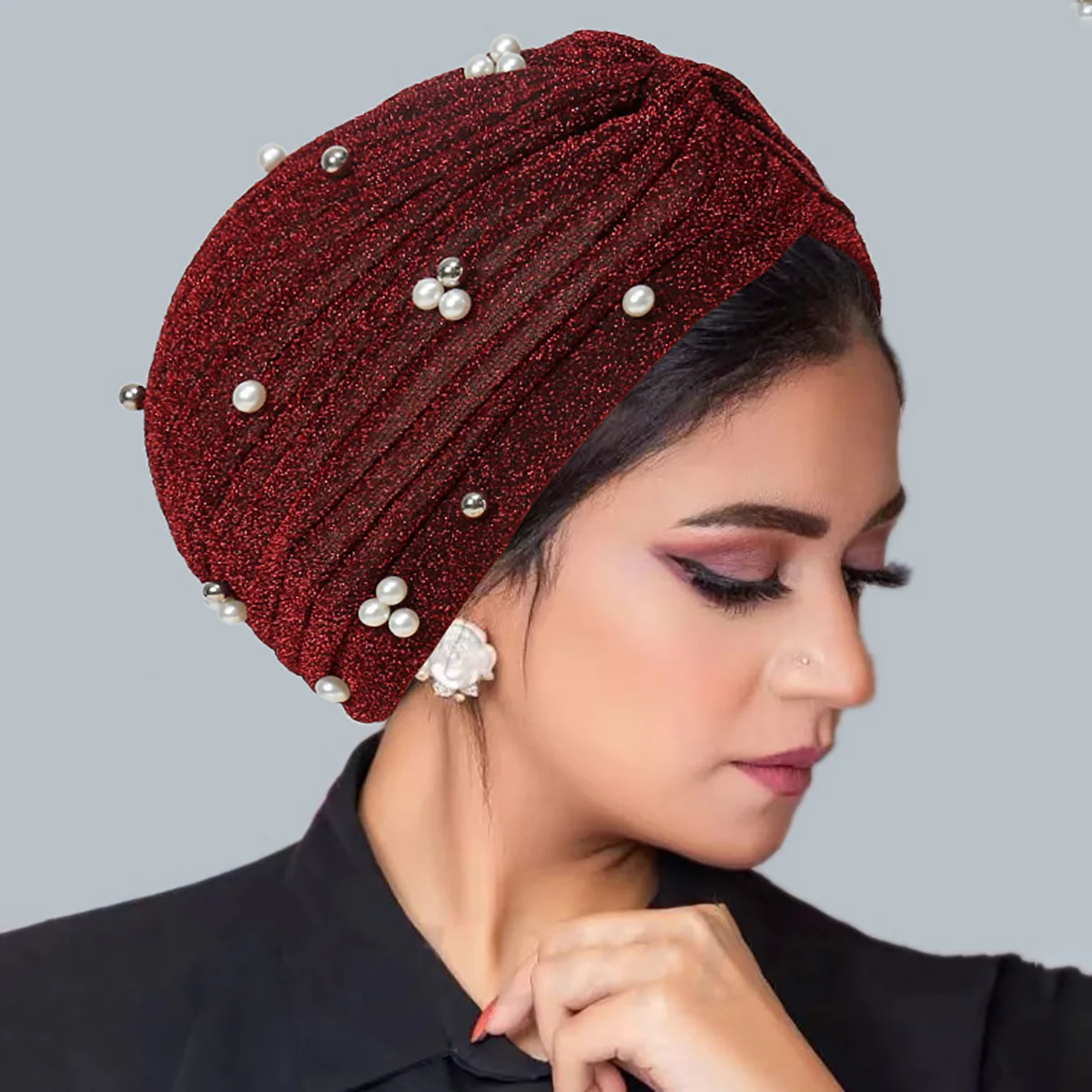 Trendy Ramadan Muslim Hijab Caps Solid Color Beads Wrap Head Turban Bonnet Fashion Indian Hat Headdress Wearable