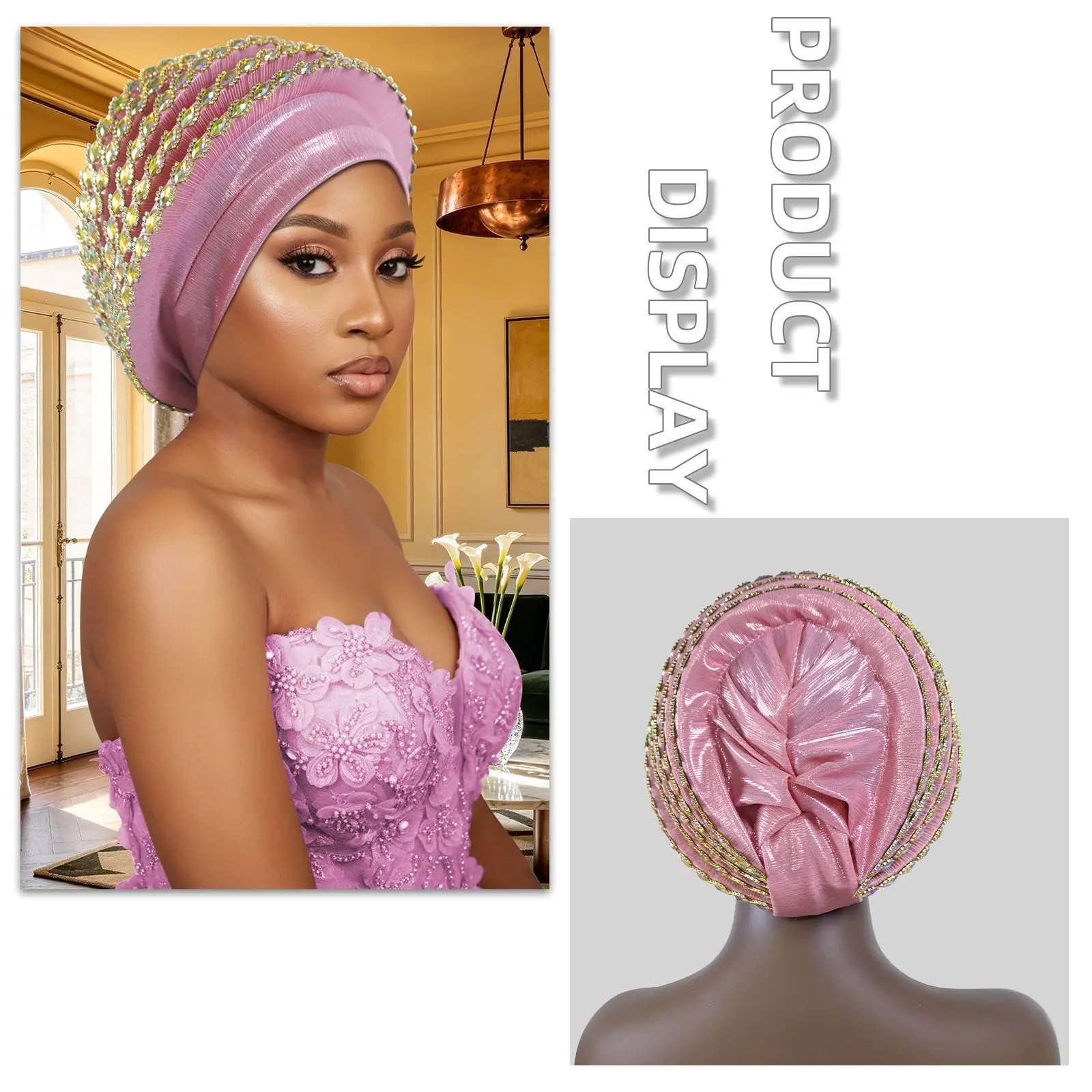 

Women Rhinestone Trim Satin Auto Gele Turban African Nigerian Headtie Ready Made Head Wrap Muslim Ladies Wedding Party Head Cap