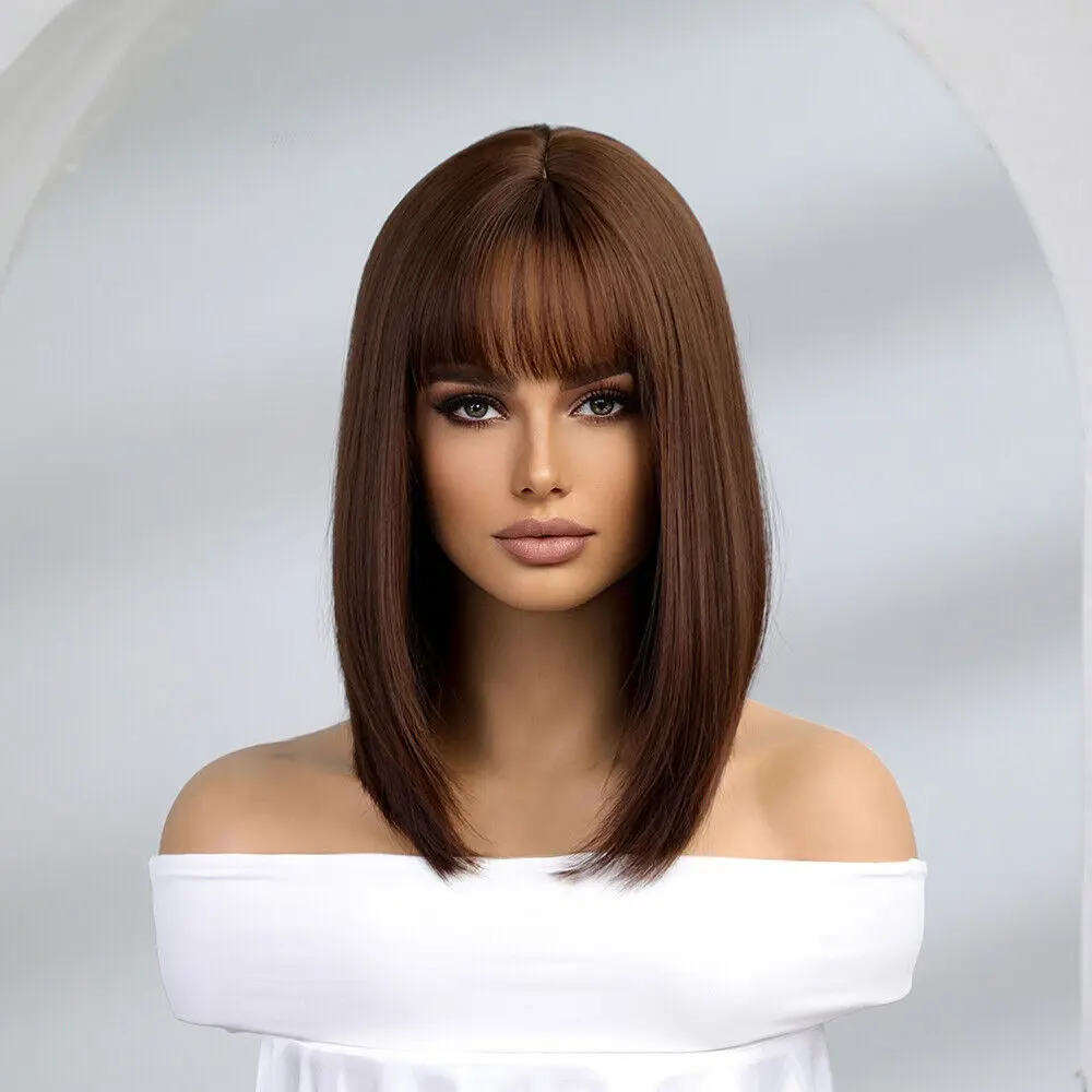 Women's Natural Brown Synthetic Hair  Short Bob Hair Wig with Bangs Heat Safe