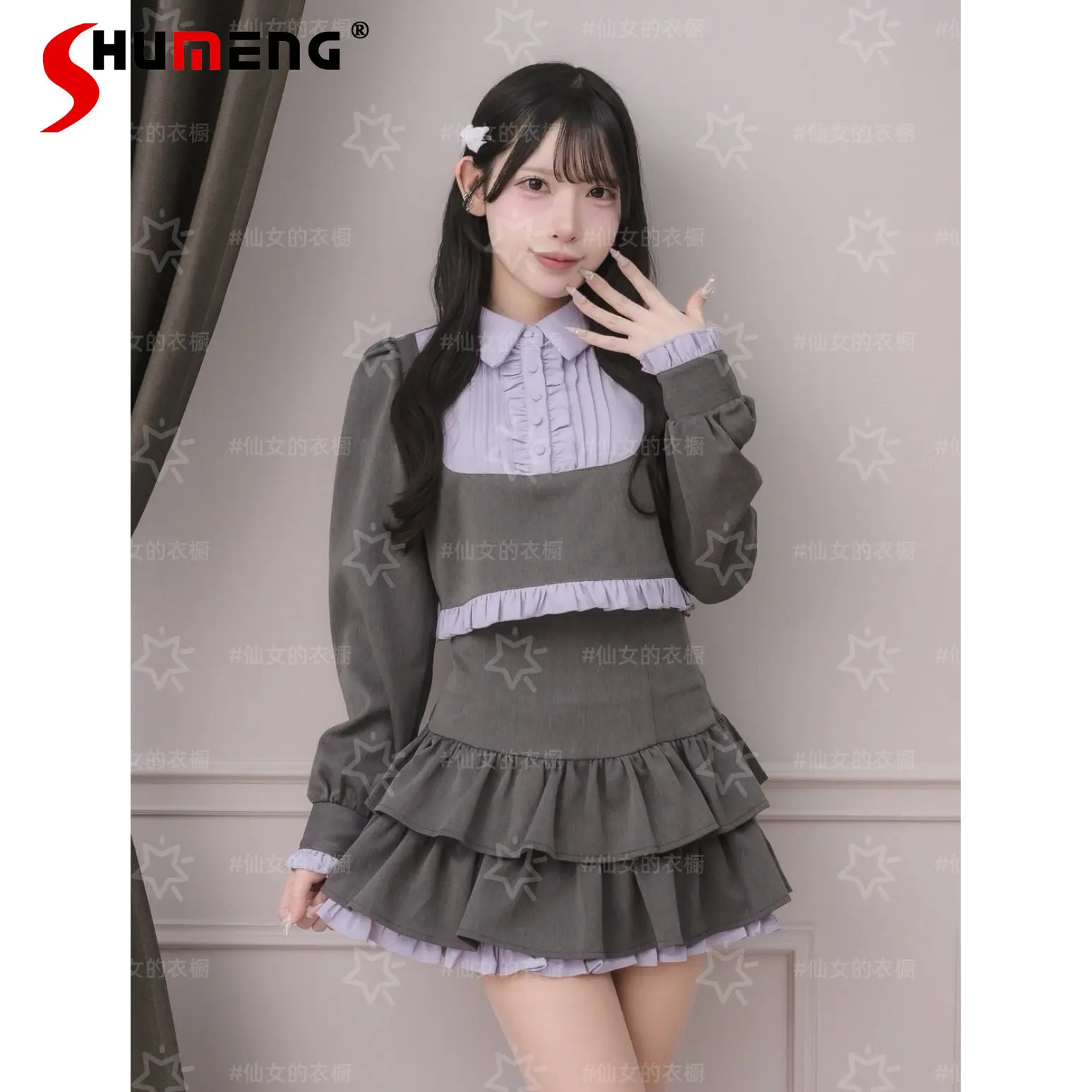 

Japanese Sweet Skirt Set College-style Long-sleeve Top Ruffled High-waisted Tiered Skirt Cute Girls Two-piece Sets Women Outfit