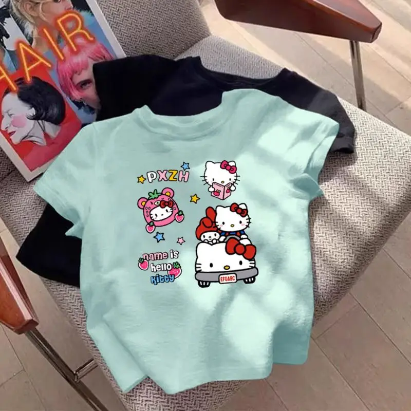 Hello Kitty Sanrio Grey T-shirt Kawaii Cartoon Print Cotton Tops O-neck Oversized Shirts Streetwear Splicing Top Women Clothing