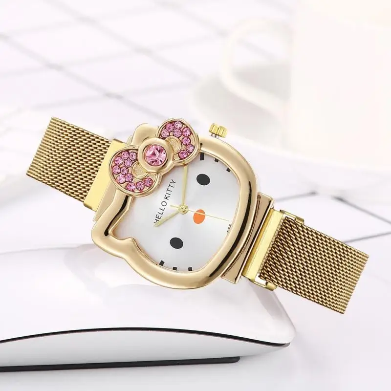 Hello Kitty Diamond Watch Cat Bow Kawaii Pink Ladies Gold Sliver Metal Jewelry Cartoon Magnetic Watch Girlfriend Birthday