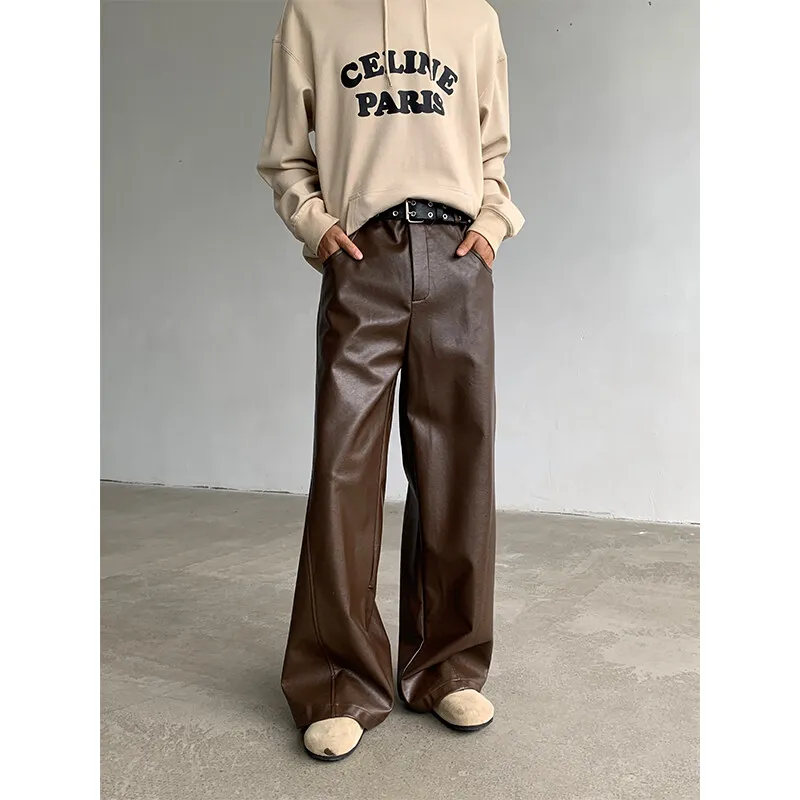 PU Leather Pants men Straight 2025new Spring Men\'s Punk Fashion Hip Hip Men Wide-leg Mopping Trousers Windproof Dark Brown/Black