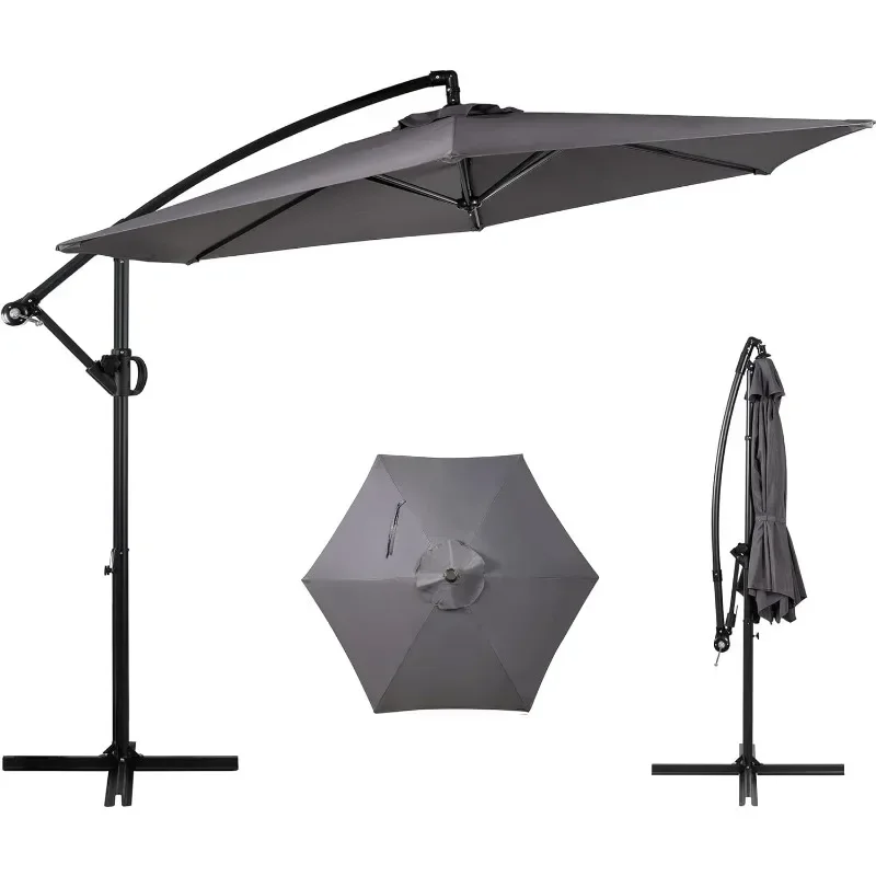 Guarda-chuva deslocado para pátio com fácil ajuste de inclinação, manivela e base cruzada, guarda-chuva pendurado em cantilever ao ar livre, guarda-sol
