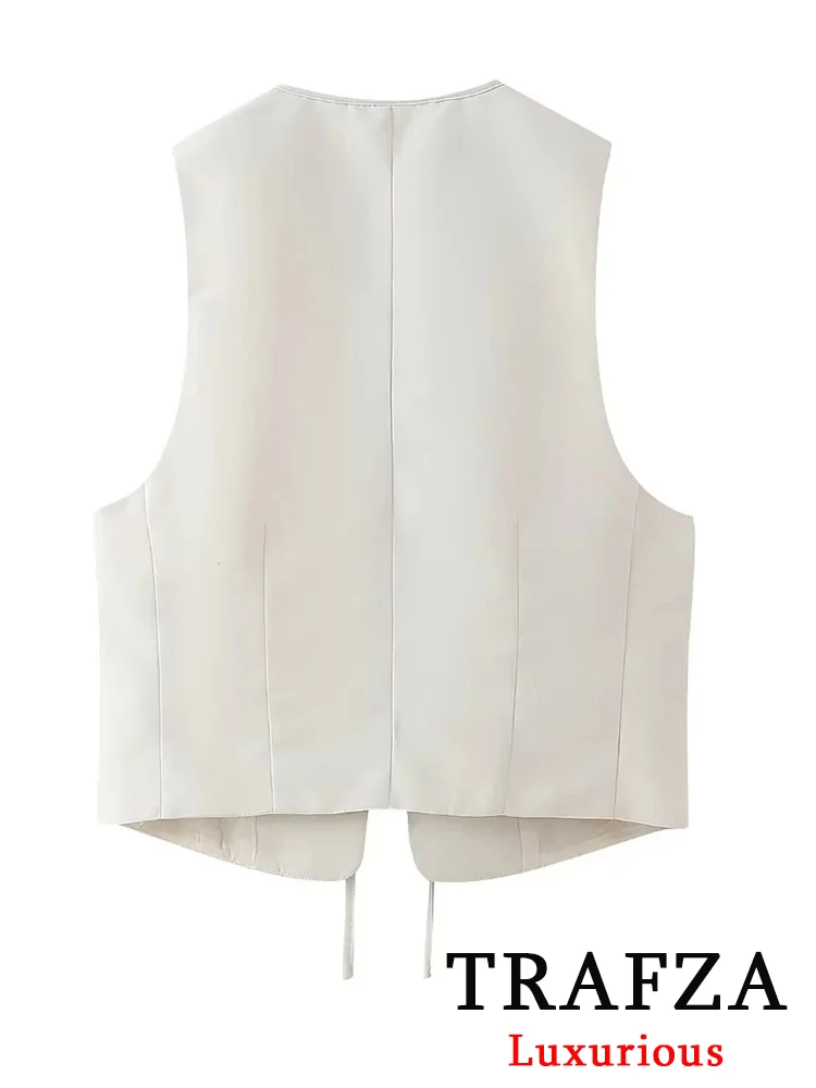 TRAFZA Sexy Bow Tie Sleeveless Tops Women O Neck Slim Summer Vest Fashion 2024 Streetwear White Women Tshirts