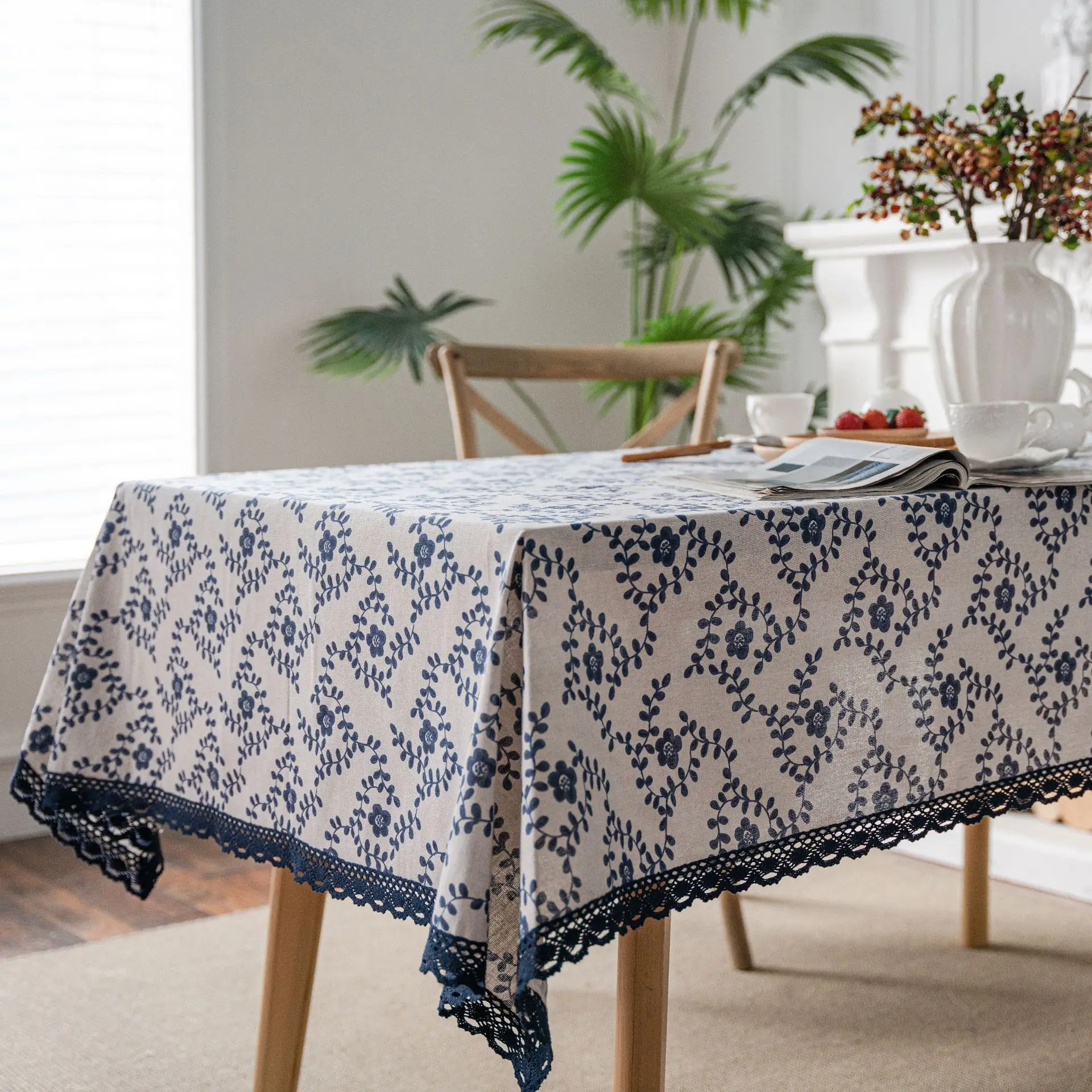 Linen Cotton Tablecloth with Lace, Rectangular Dining Table Cover, Tea Table Cloth, Blue Rose Printing, Pastoral