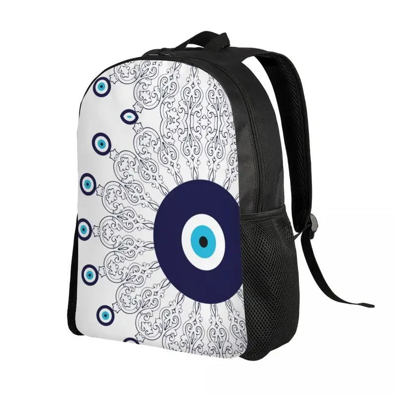 Custom Navy Blue White Mediterranean Evil Eye Mandala Pattern Backpacks Men Casual Bookbag for School College Bohemian Boho Bags