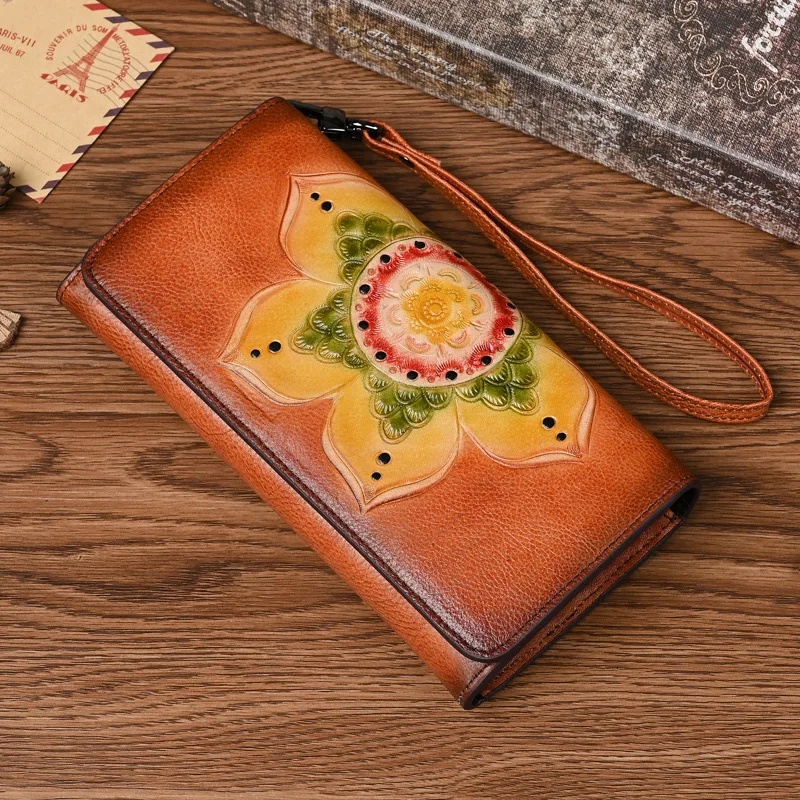 Retro handcrafted long wallet for women, top layer cowhide, three-fold large-capacity mobile phone storage buckle wallet