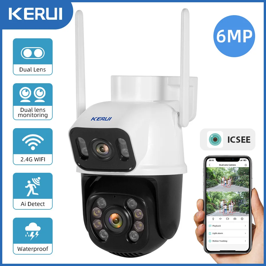 KERUI Security Protection 6MP monitor Dual Lens WIFI Survalance monitor Smart Home Human Tracking Waterproof CCTV iCSee H265