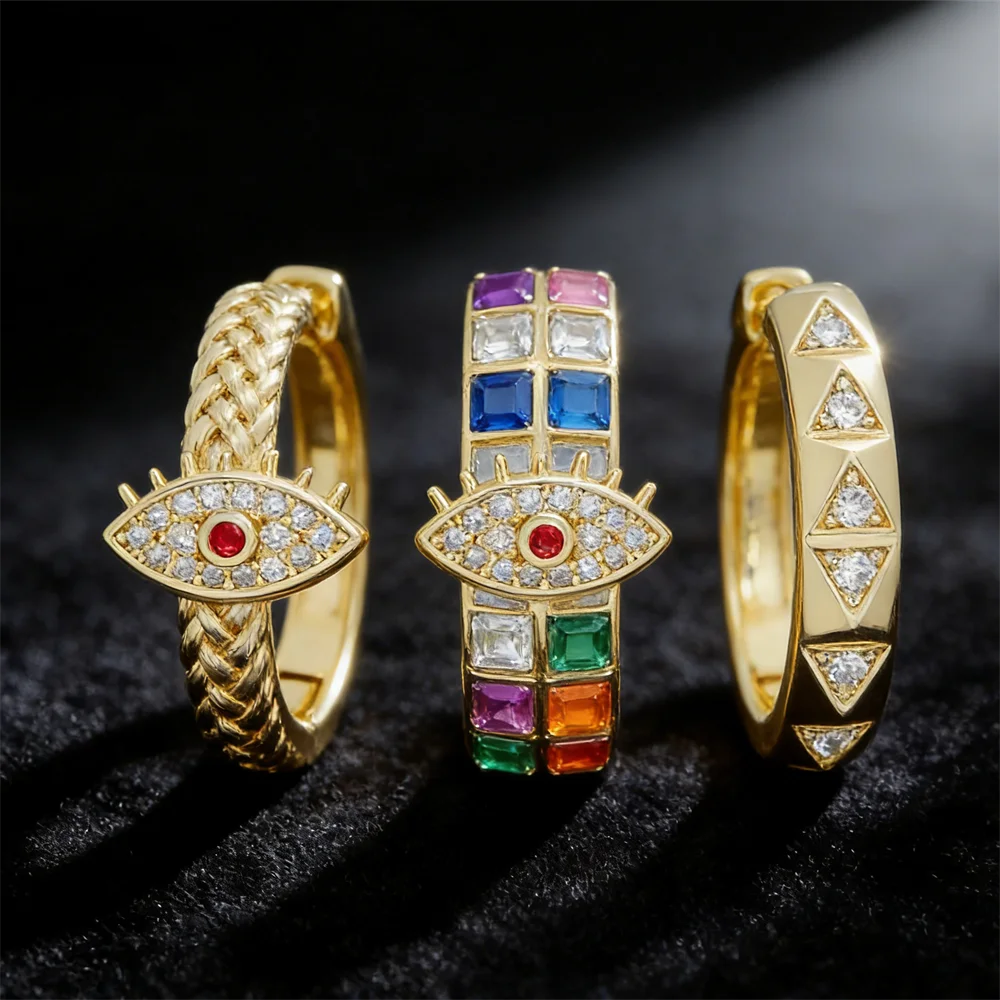 3 Pairs Earrings Brass Colorful Cubic Zirconia Braided Rainbow Evil Eye Hoop Fashion Unisex Round Diy Jewelry Charm Accessories