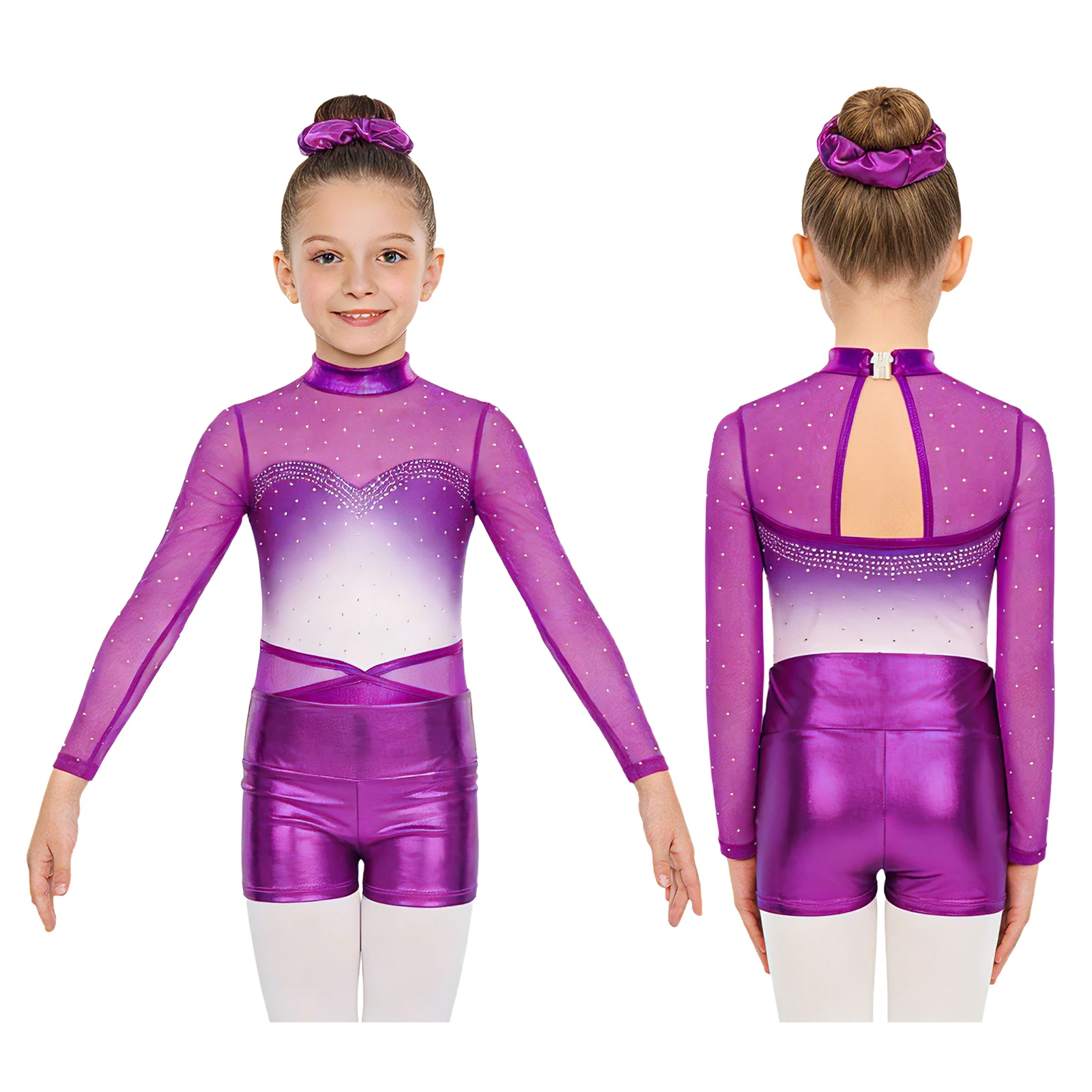 

Kids Girls Acrobatics Figure Skating Outfits Gymnastics Ballet Costumes Long Sleeve Rhinestones Mesh Leotard Shorts And Hairband