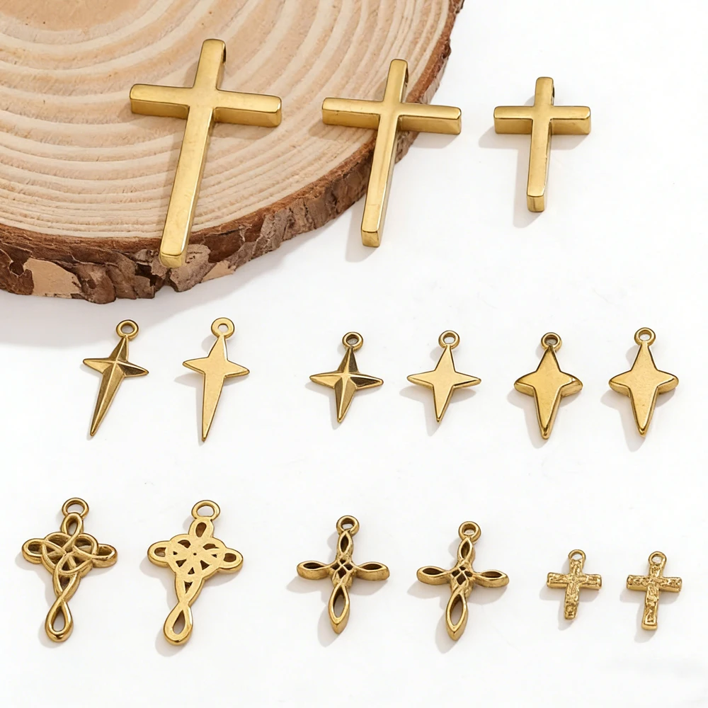 

5PCS Cross Charms Religious Pendants 18K Gold Stainless Steel for DIY Necklace Bracelet Jewelry Making Supplies Wholesale